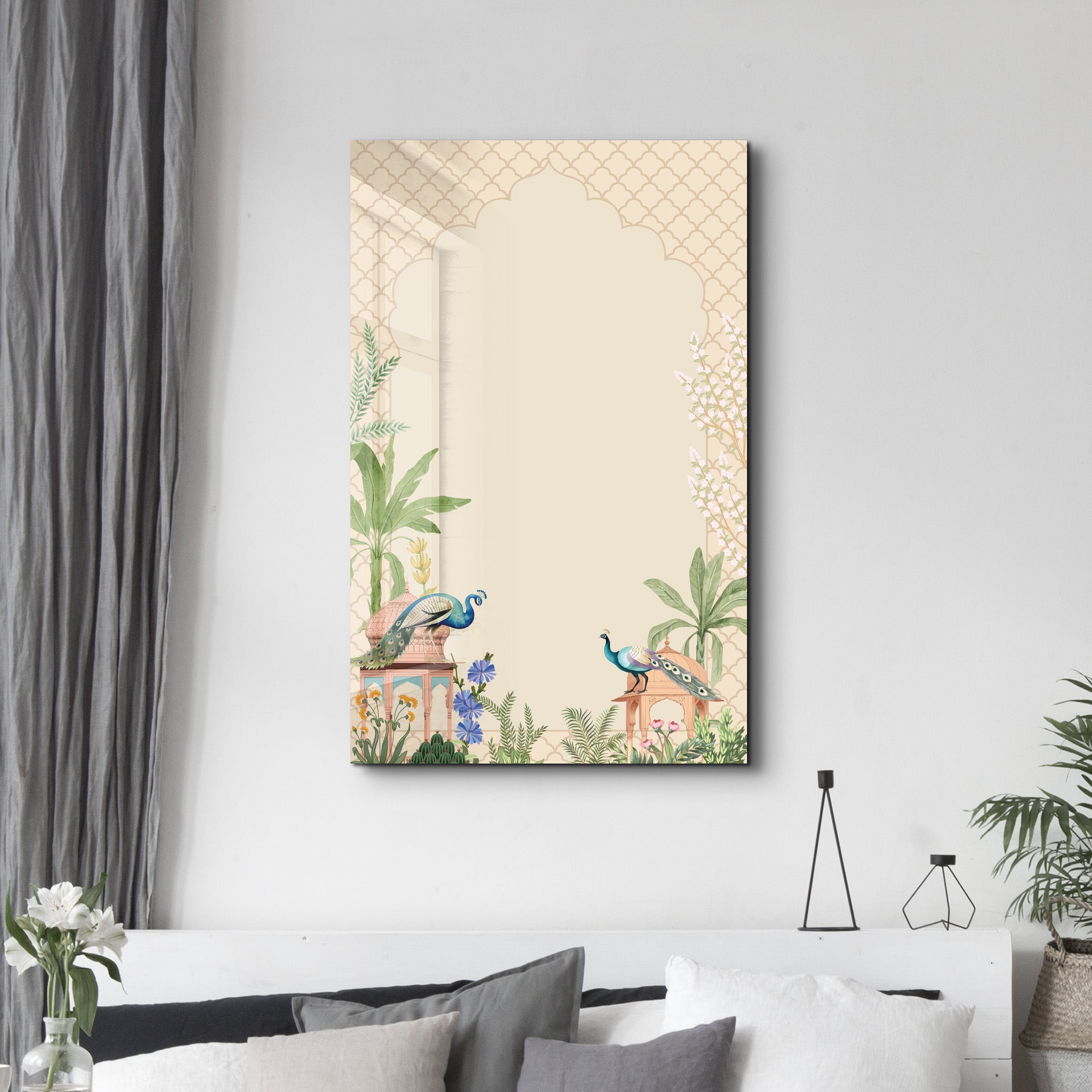 Glass wall art by Artdesigna titled "Whispers of the Courtyard" featuring a serene courtyard scene on clear glass.