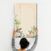 Artdesigna glass wall art titled "Whispers of the Courtyard" featuring a serene courtyard scene in a sleek glass design.