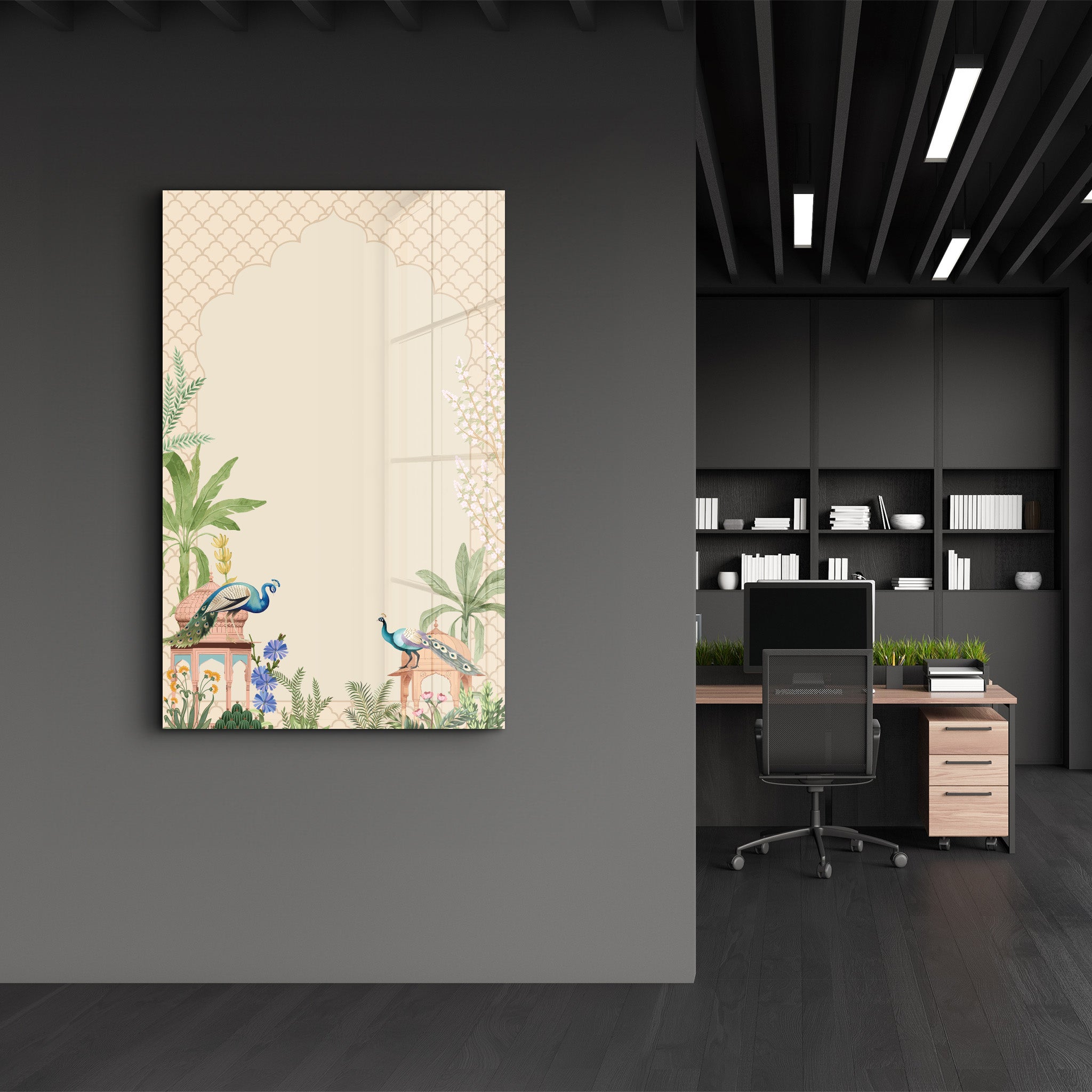 Glass wall art titled "Whispers of the Courtyard" by Artdesigna, featuring intricate glass design with courtyard-inspired motifs.