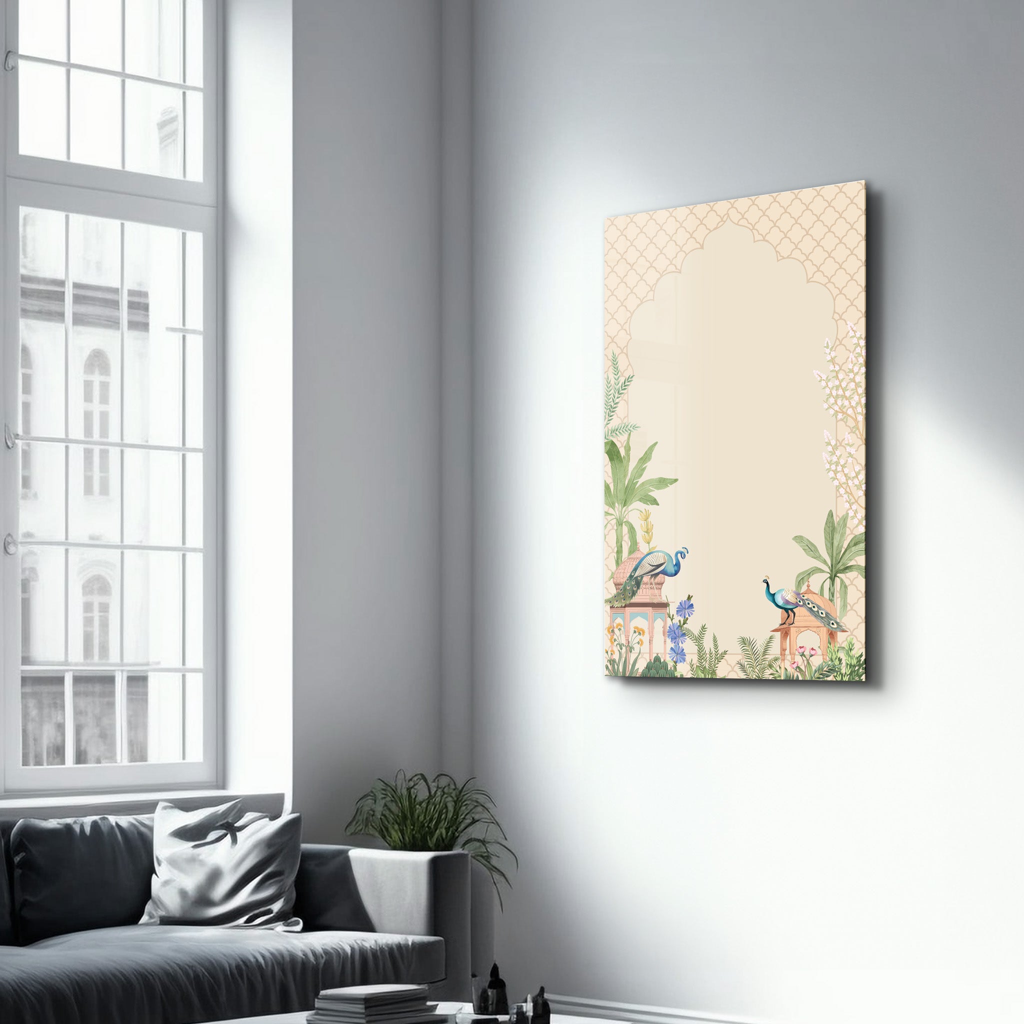 Artdesigna glass wall art titled "Whispers of the Courtyard" featuring a serene courtyard scene on clear glass.