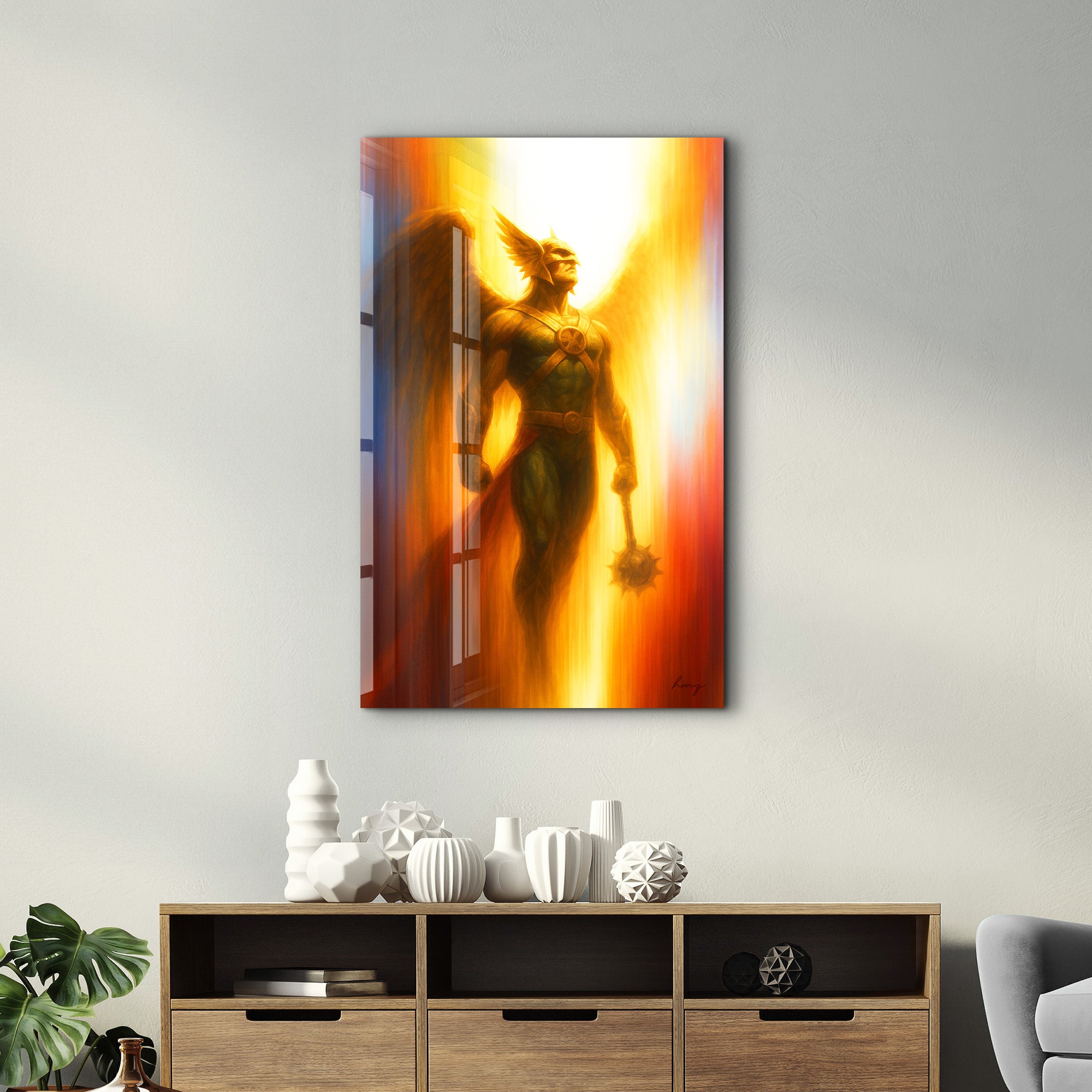 Glass wall art titled Wings of Vengeance by HMZ, featuring striking design on clear glass panel for modern decor.