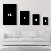 Glass wall art size comparison showing XL, L, M and S sizes above a sofa