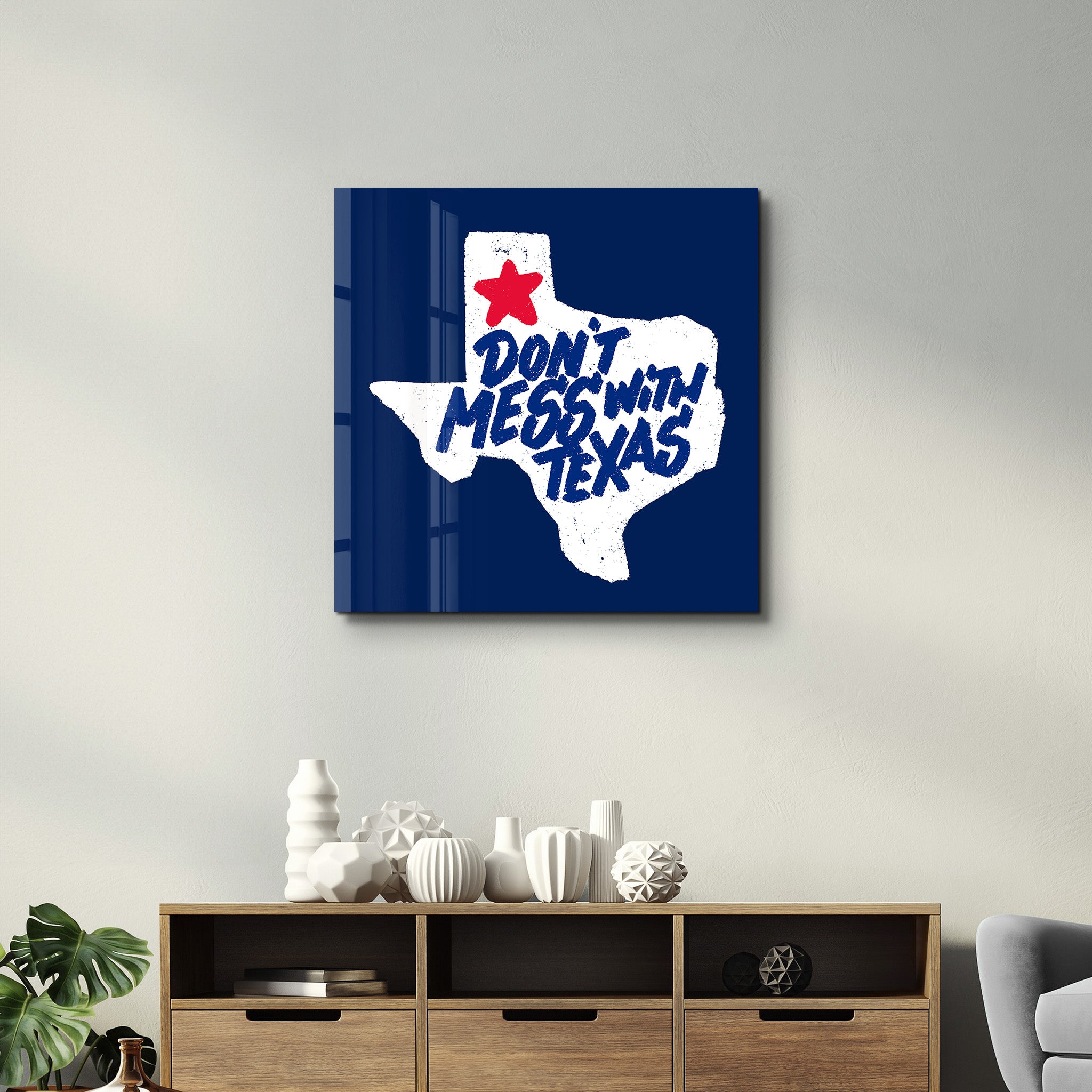Artdesigna glass wall art featuring the Lone Star Attitude design with "Don't Mess With Texas" text on a 16x16 inch glass panel.
