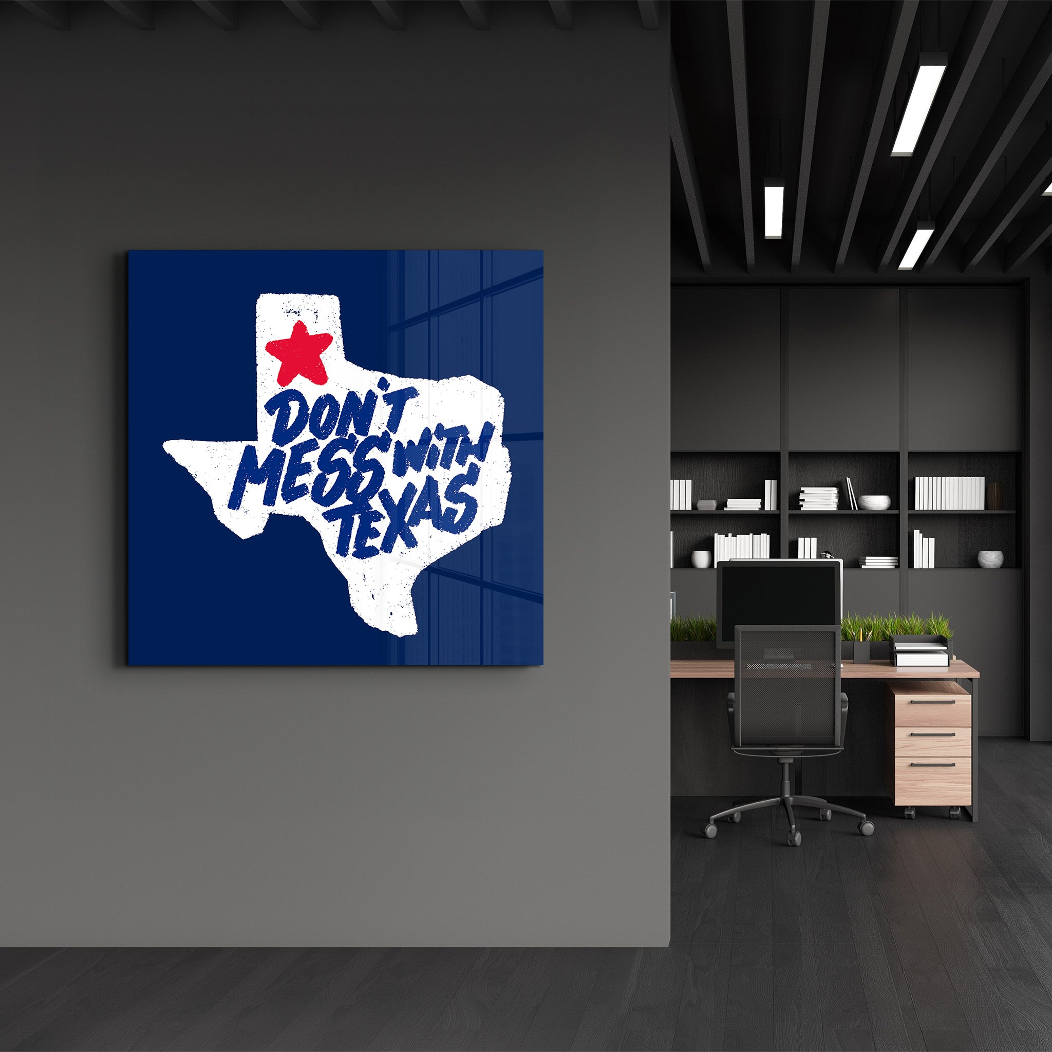 Artdesigna glass wall art featuring a Lone Star Attitude design with "Don't Mess With Texas" text, 16x16 inches.