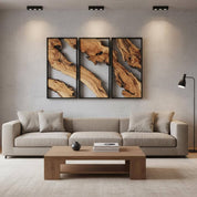 Modern living room with a beige sectional sofa, wooden coffee table, and wall art.