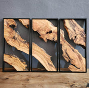 Three framed pieces of wood with natural patterns on a gray wall.