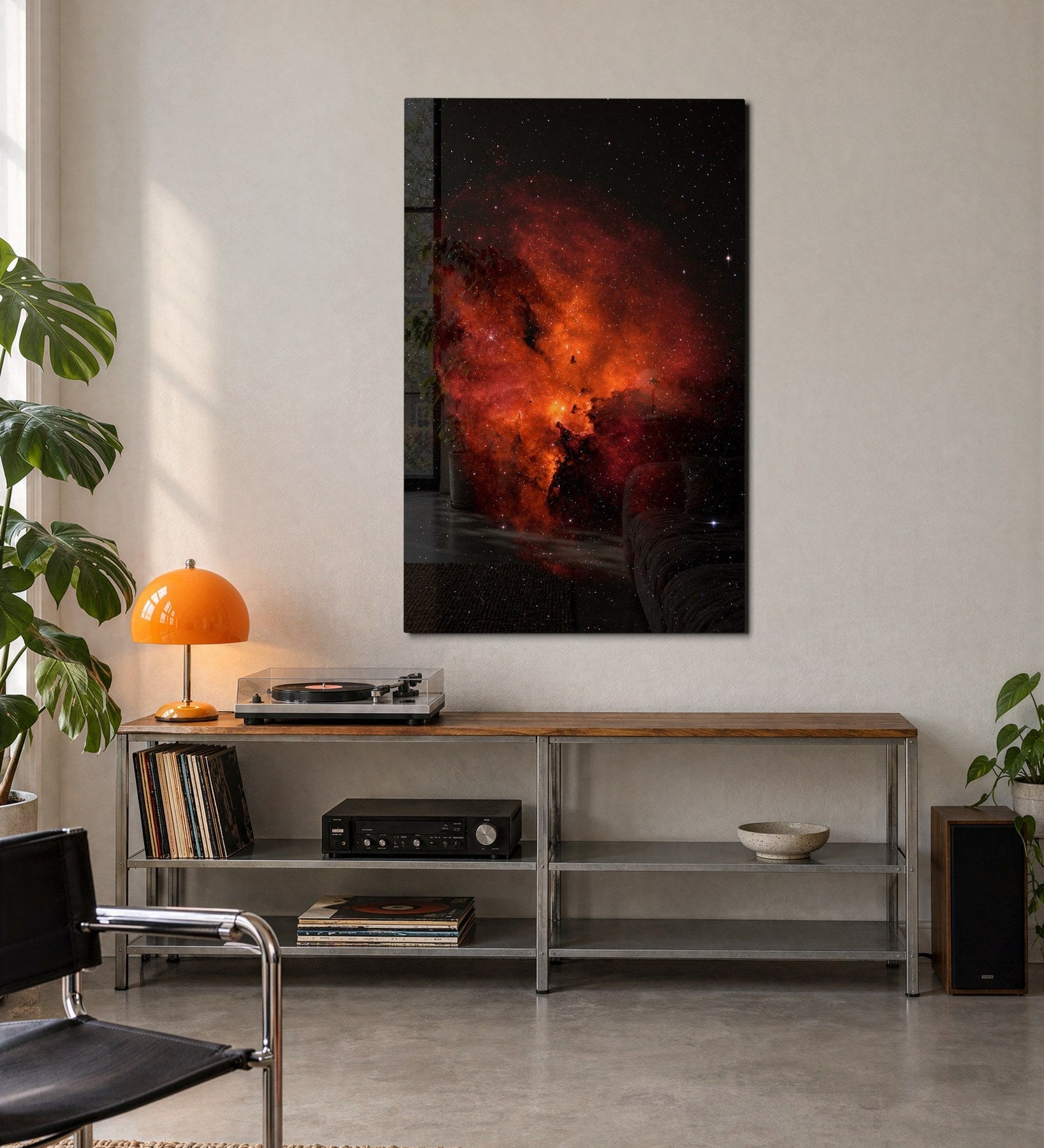 Orange Cloud glass wall art by Artdesigna featuring vibrant orange and blue cloud design on clear glass for modern wall decor.