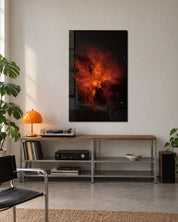 Orange Cloud glass wall art by Artdesigna featuring vibrant orange and blue cloud design on clear glass for modern wall decor.