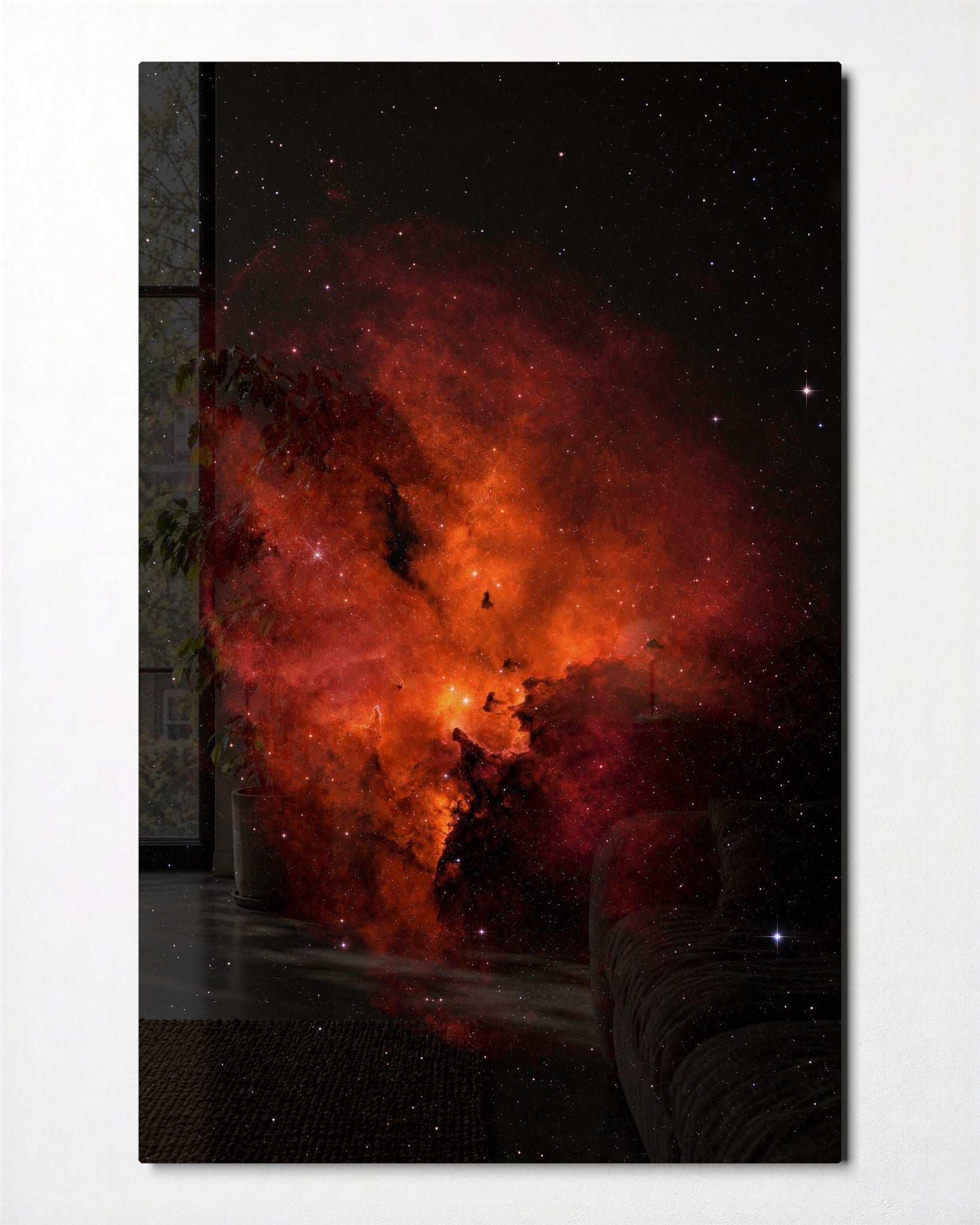 Orange Cloud glass wall art by Artdesigna featuring vibrant orange cloud design on clear glass panel.