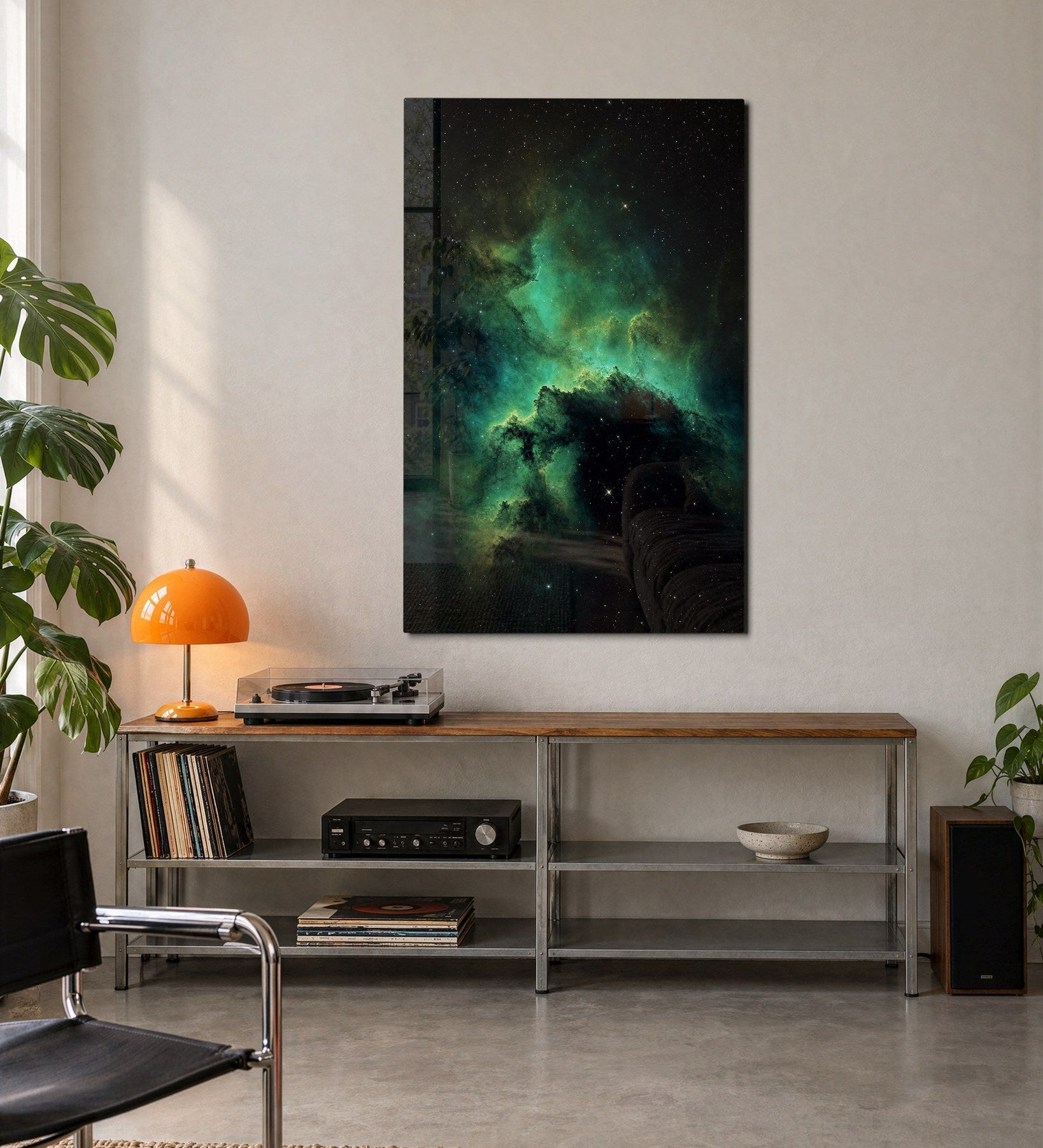 Emerald Cloud glass wall art by Artdesigna showcasing vibrant green and blue glass panels in a modern interior setting.