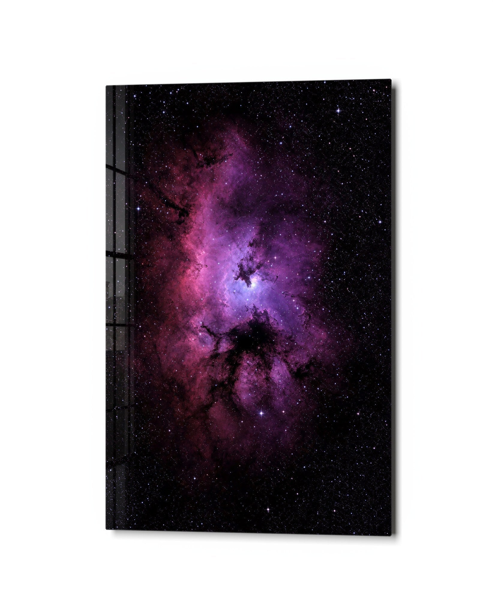 Pink Haze open sky glass wall art by Artdesigna featuring vibrant pink and blue abstract sky design.