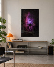 Pink Haze Open Sky glass wall art by Artdesigna featuring a vibrant pink and blue abstract design on clear glass.