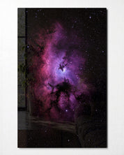 Pink Haze Open Sky glass wall art by Artdesigna featuring a vibrant pink and blue abstract design on a glass panel.