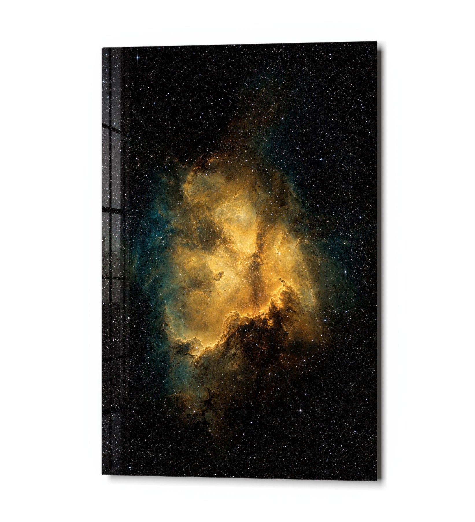 Black sky glass wall art titled Golden Cloud by Artdesigna, featuring a striking golden cloud design on a sleek black background.