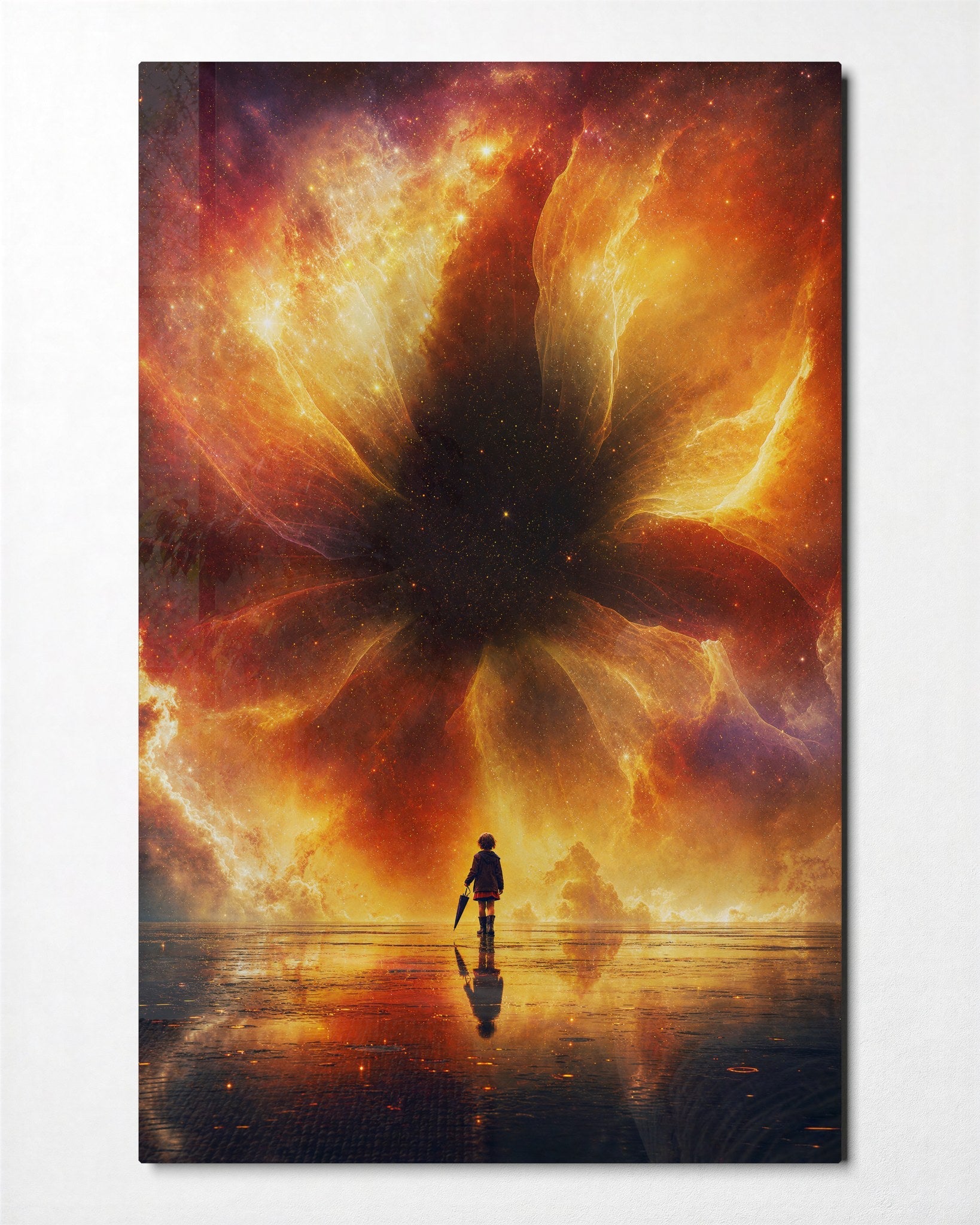 Small Fire Sky glass wall art by Artdesigna featuring vibrant, fiery colors in an abstract glass panel for modern decor.