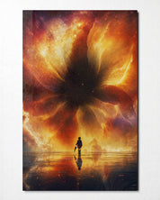 Small Fire Sky glass wall art by Artdesigna featuring vibrant, fiery colors in an abstract glass panel for modern decor.
