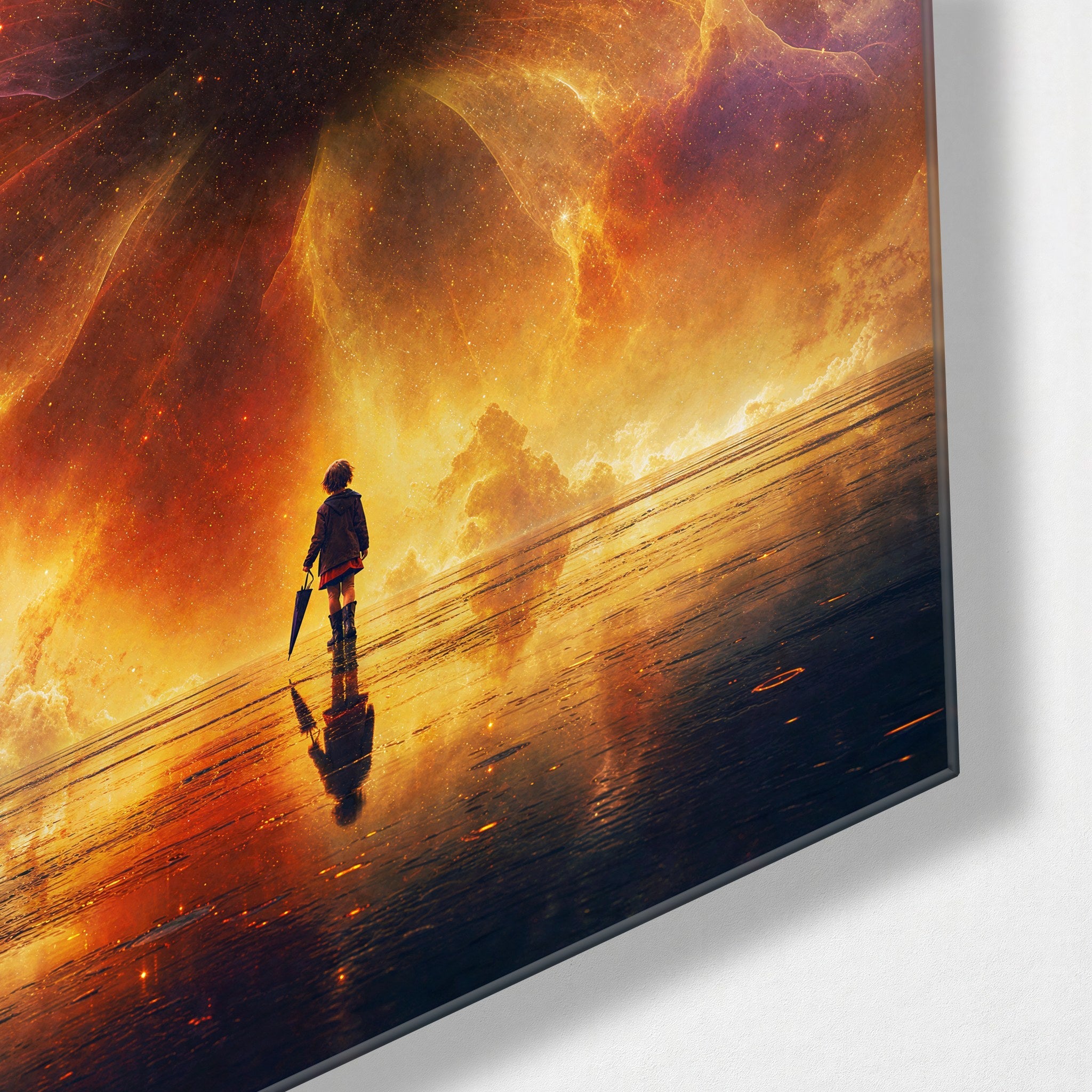 Small Fire Sky glass wall art figure by Artdesigna featuring vibrant red and orange glass design with a sleek corner display.