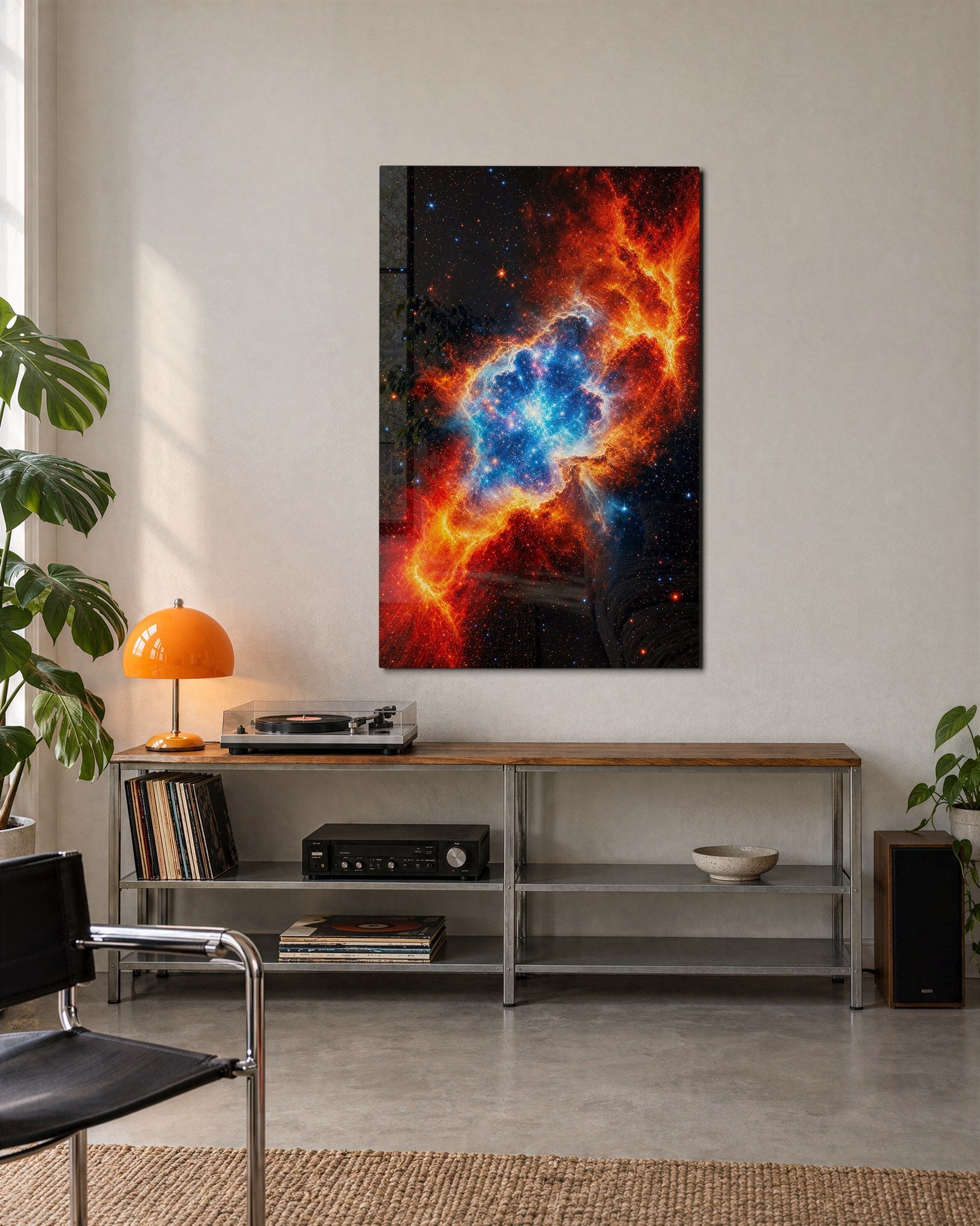 Cobalt Core glass wall art by Artdesigna, lifestyle view