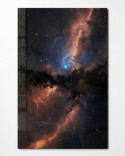 Glass wall art featuring a Milky Way orange design by Artdesigna, showcasing vibrant orange and celestial-inspired glass artwork.