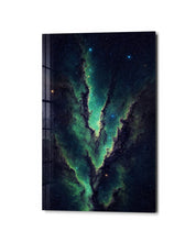 Emerald Seam glass wall art by Artdesigna featuring vibrant green hues and abstract design, mounted on a wall for modern decor.