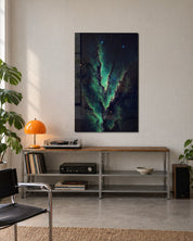 Elegant emerald green glass wall art by Artdesigna, showcasing abstract design perfect for modern interior decor.