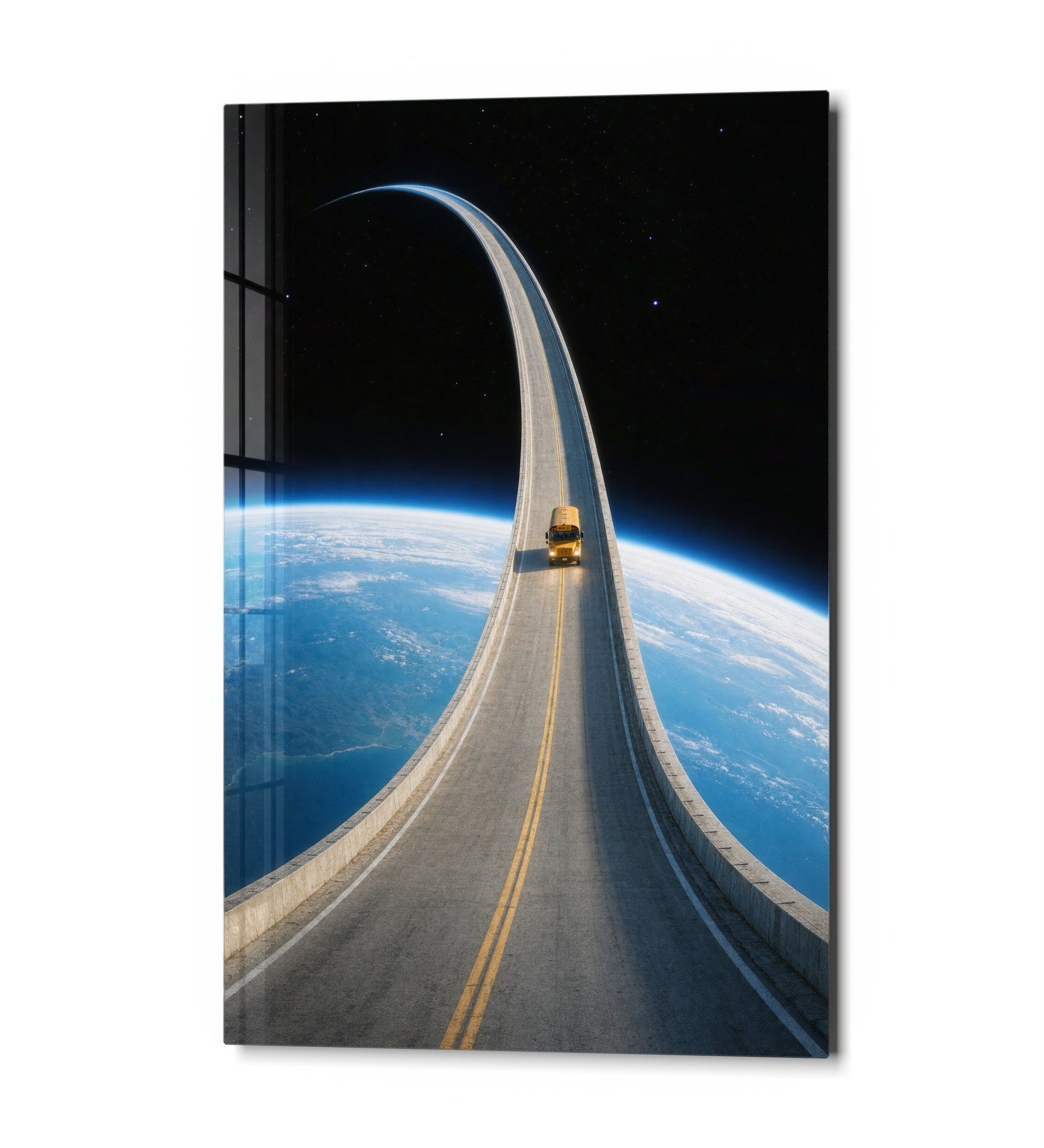 Glass wall art featuring a playful little truck and big orbit design by Artdesigna, mounted on a sleek wall surface.