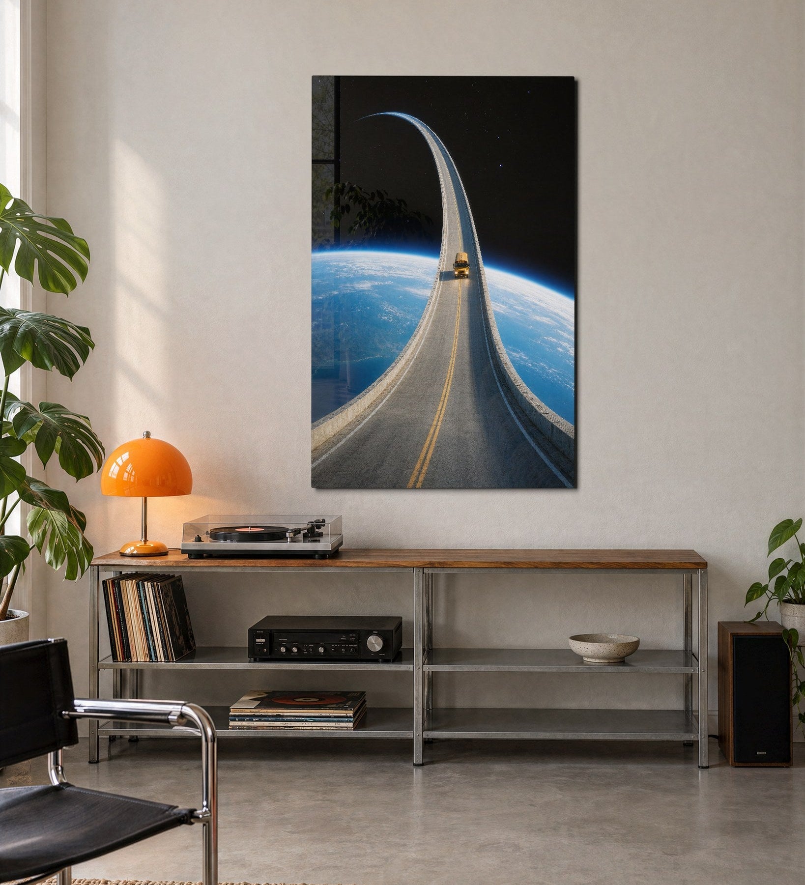 Glass wall art featuring a playful little truck and big orbit design by Artdesigna, displayed on a modern wall.