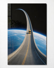 Artdesigna glass wall art featuring a whimsical little truck and big orbit design, vibrant colors, and modern wall decor.