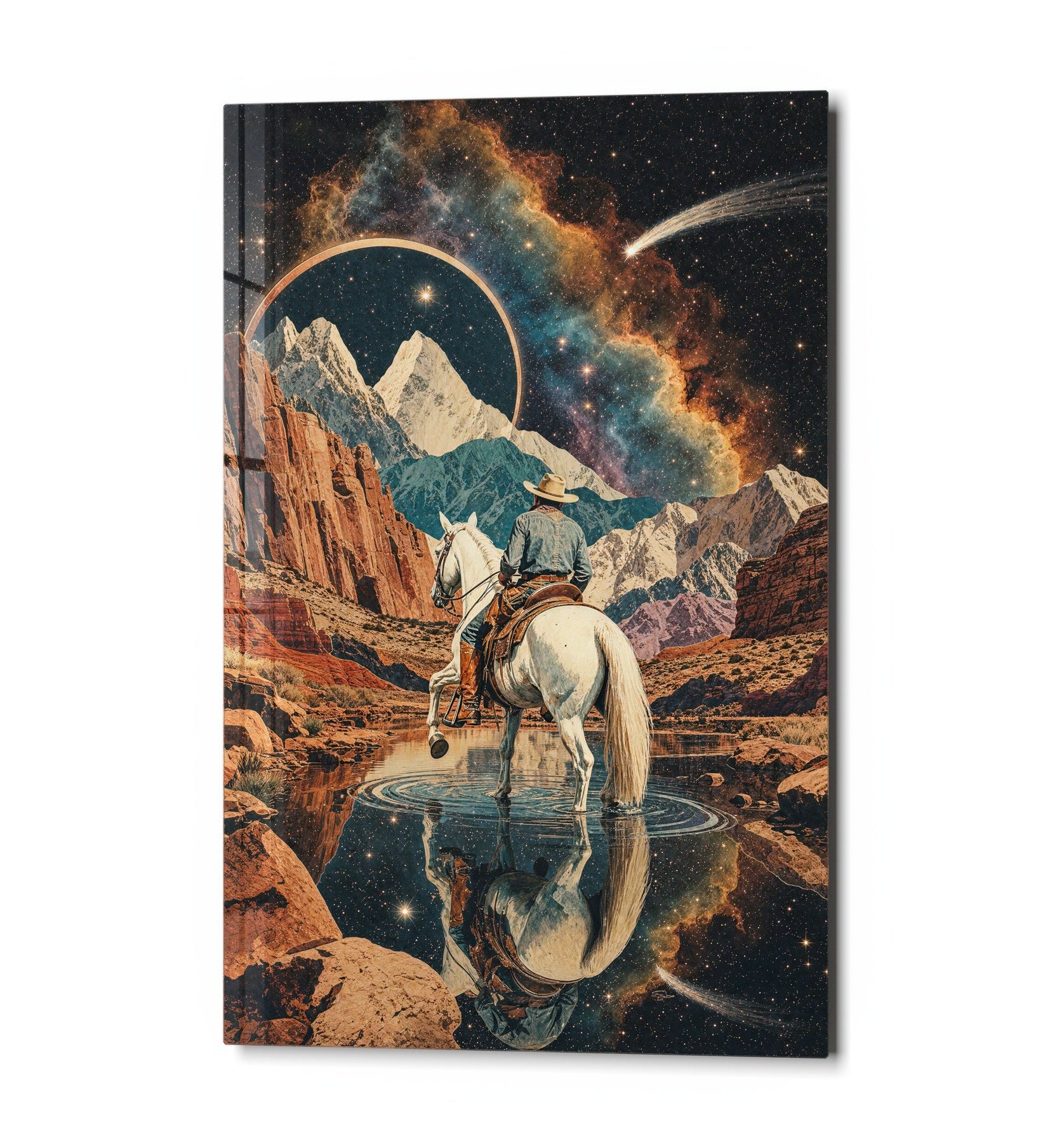 White horse glass wall art featuring a starry pass scene, designed by Artdesigna, displayed as a vibrant wall decoration.
