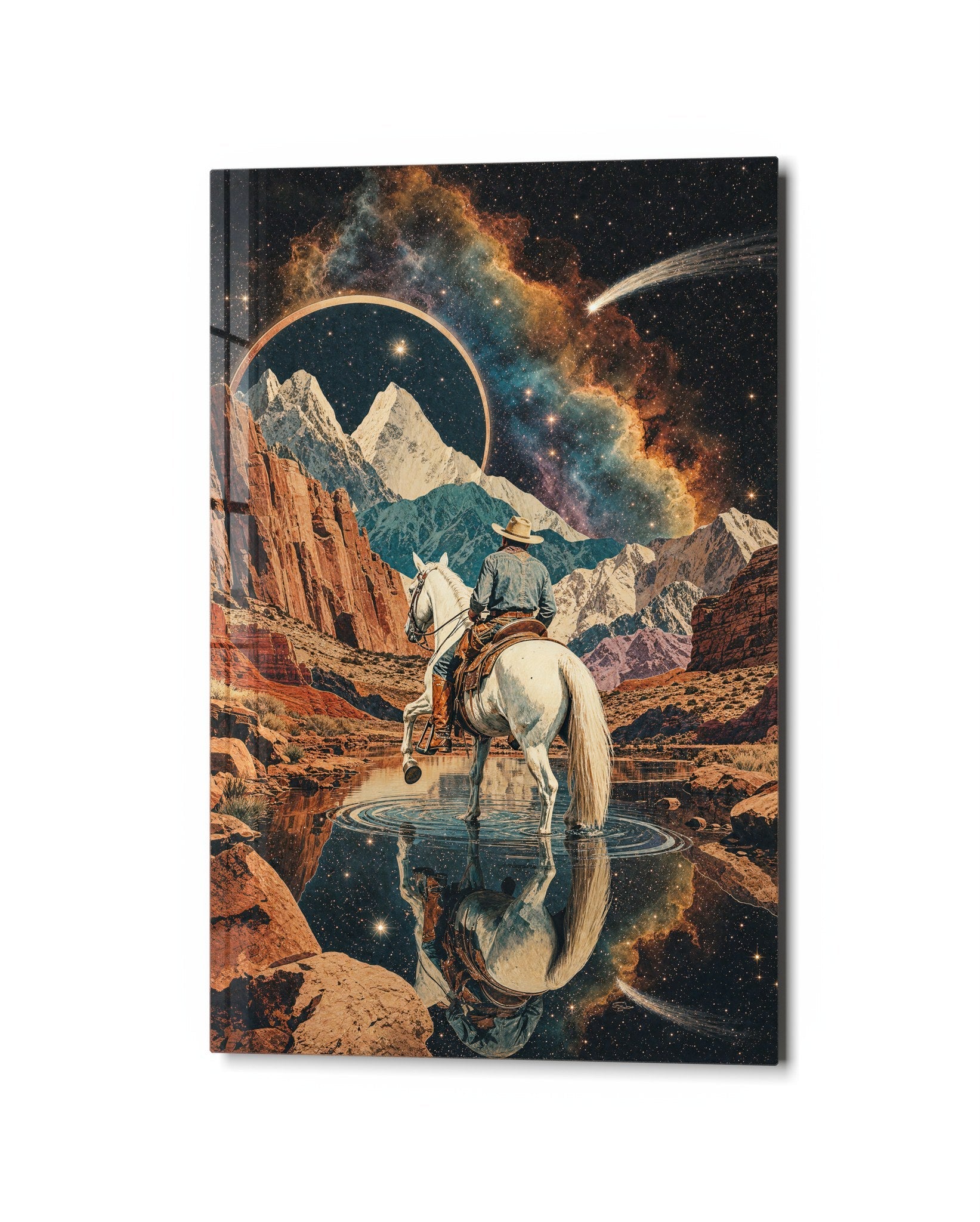 White horse glass wall art featuring a starry pass scene, designed by Artdesigna, displayed as a vibrant wall decoration.