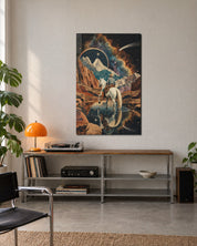 White horse glass wall art featuring a starry pass scene, designed by Artdesigna, perfect for modern home decor.