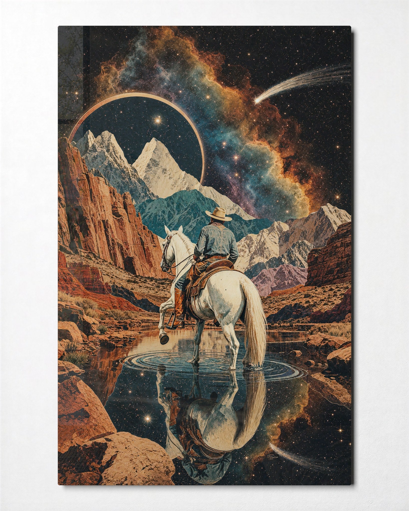 White horse glass wall art titled "Starry Pass" by Artdesigna, featuring a detailed horse design on clear glass background.