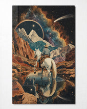 White horse glass wall art titled "Starry Pass" by Artdesigna, featuring a detailed horse design on clear glass background.