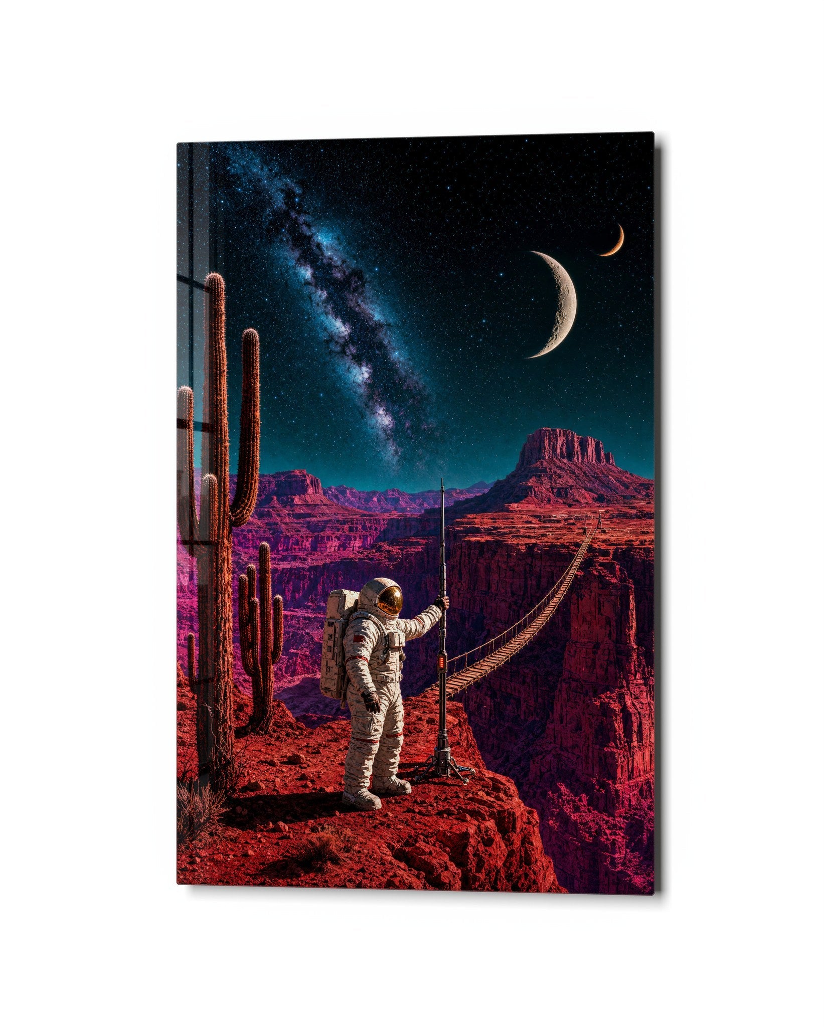 Red Canyon Rope Bridge glass wall art by Artdesigna featuring a vibrant, detailed depiction of a rope bridge scene on clear glass.