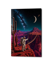 Red Canyon Rope Bridge glass wall art by Artdesigna featuring a vibrant, detailed depiction of a rope bridge scene on clear glass.