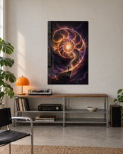 Artdesigna glass wall art titled Beneath the Swirl featuring colorful, abstract glass designs displayed on a modern wall.