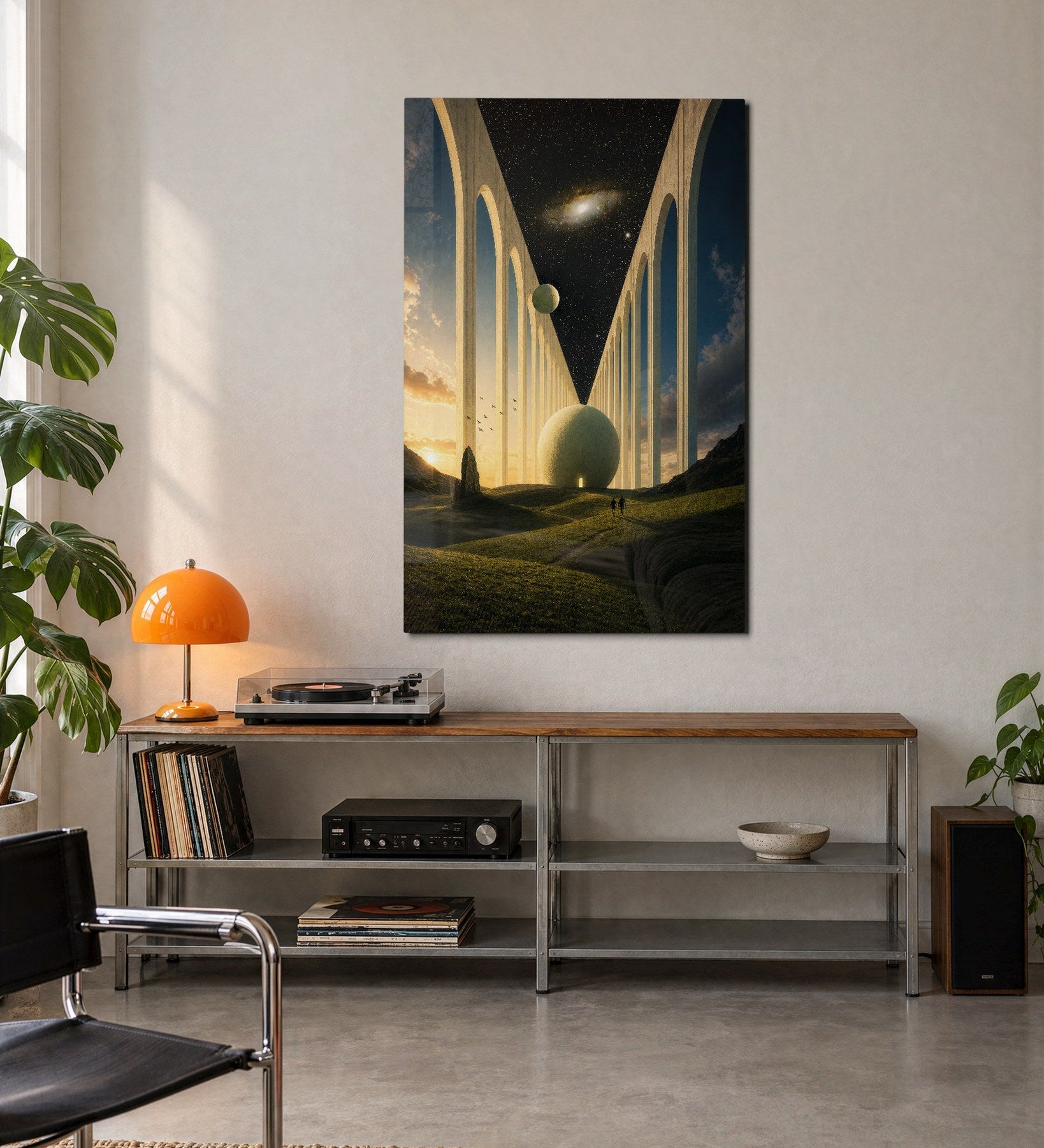 Elegant Pale Colonnade glass wall art by Artdesigna displayed on a modern living room wall.