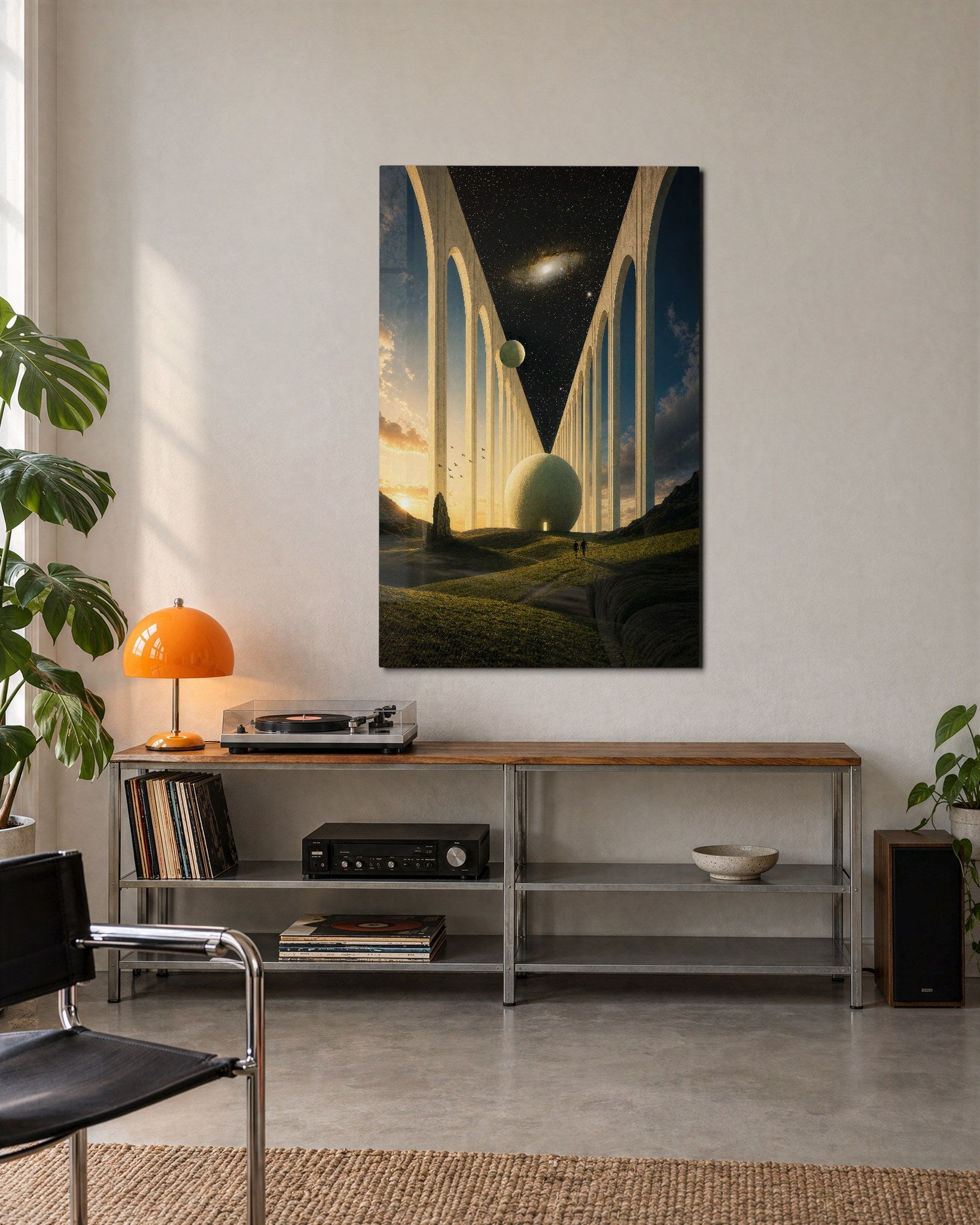 Elegant Pale Colonnade glass wall art by Artdesigna displayed on a modern living room wall.