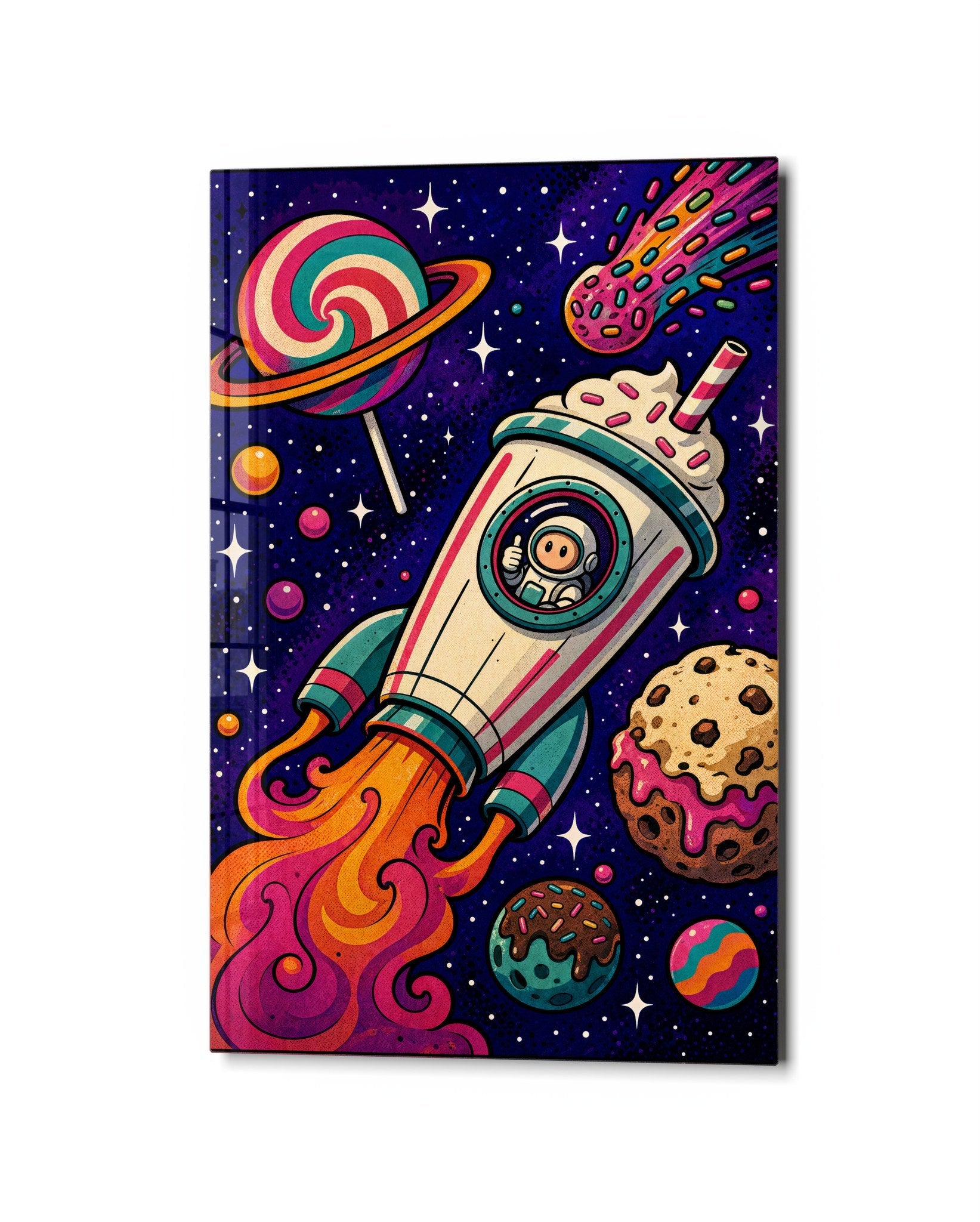 Colorful Candy Sky Voyage glass wall art by Artdesigna featuring vibrant, abstract design on clear glass.