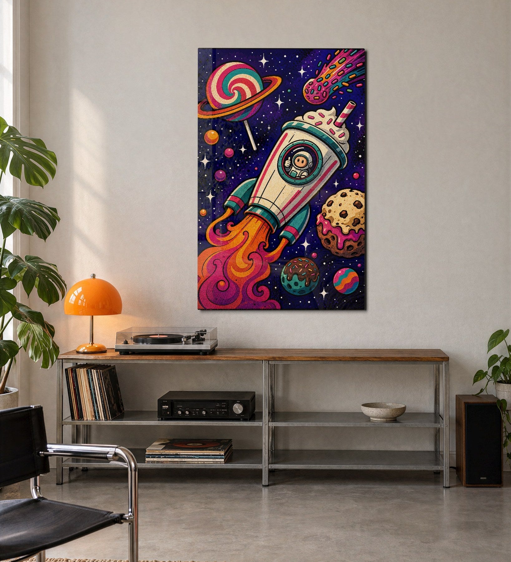 Colorful Candy Sky Voyage glass wall art by Artdesigna showcasing vibrant, abstract design suitable for modern interior decor.