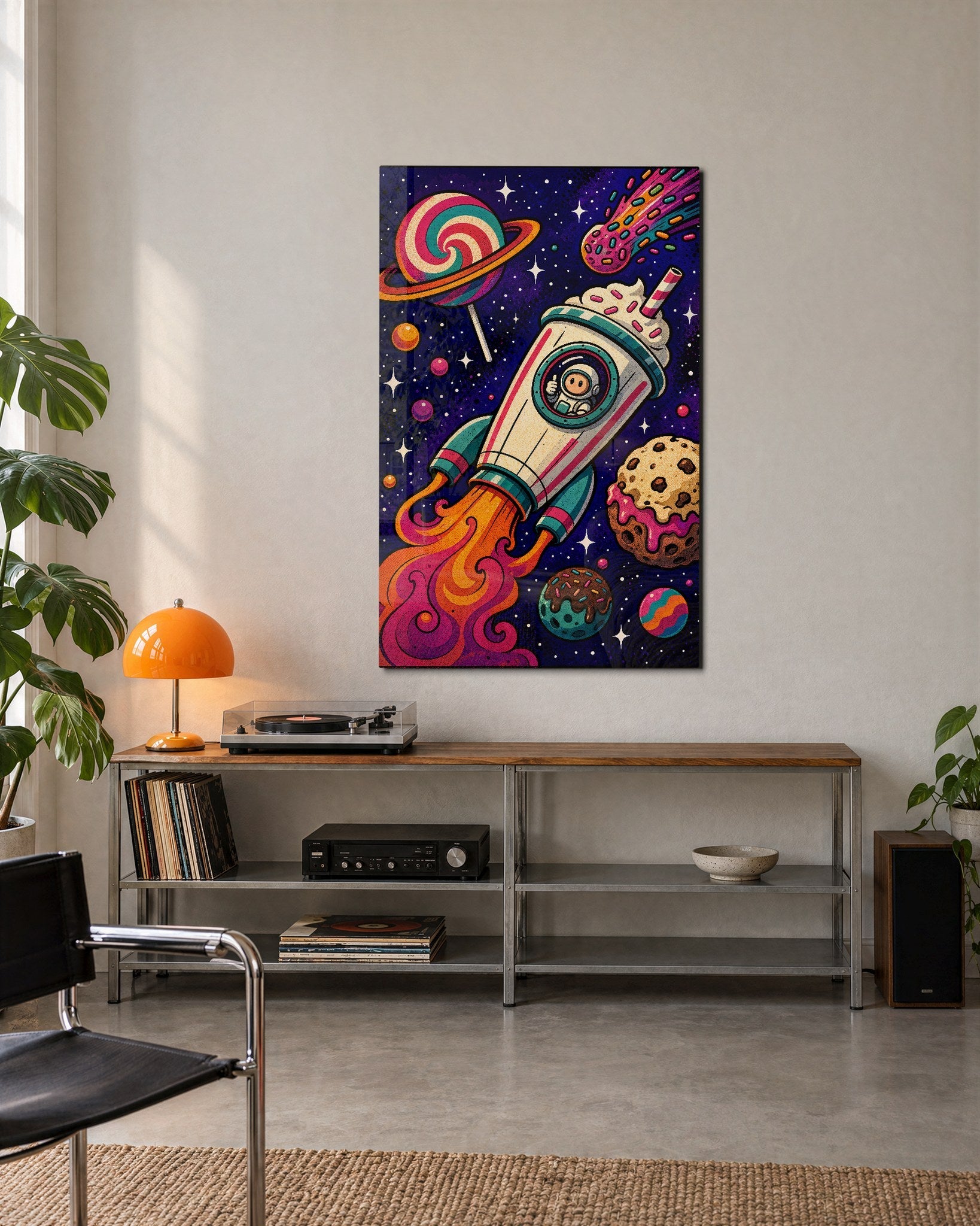 Colorful Candy Sky Voyage glass wall art by Artdesigna showcasing vibrant, abstract design suitable for modern interior decor.