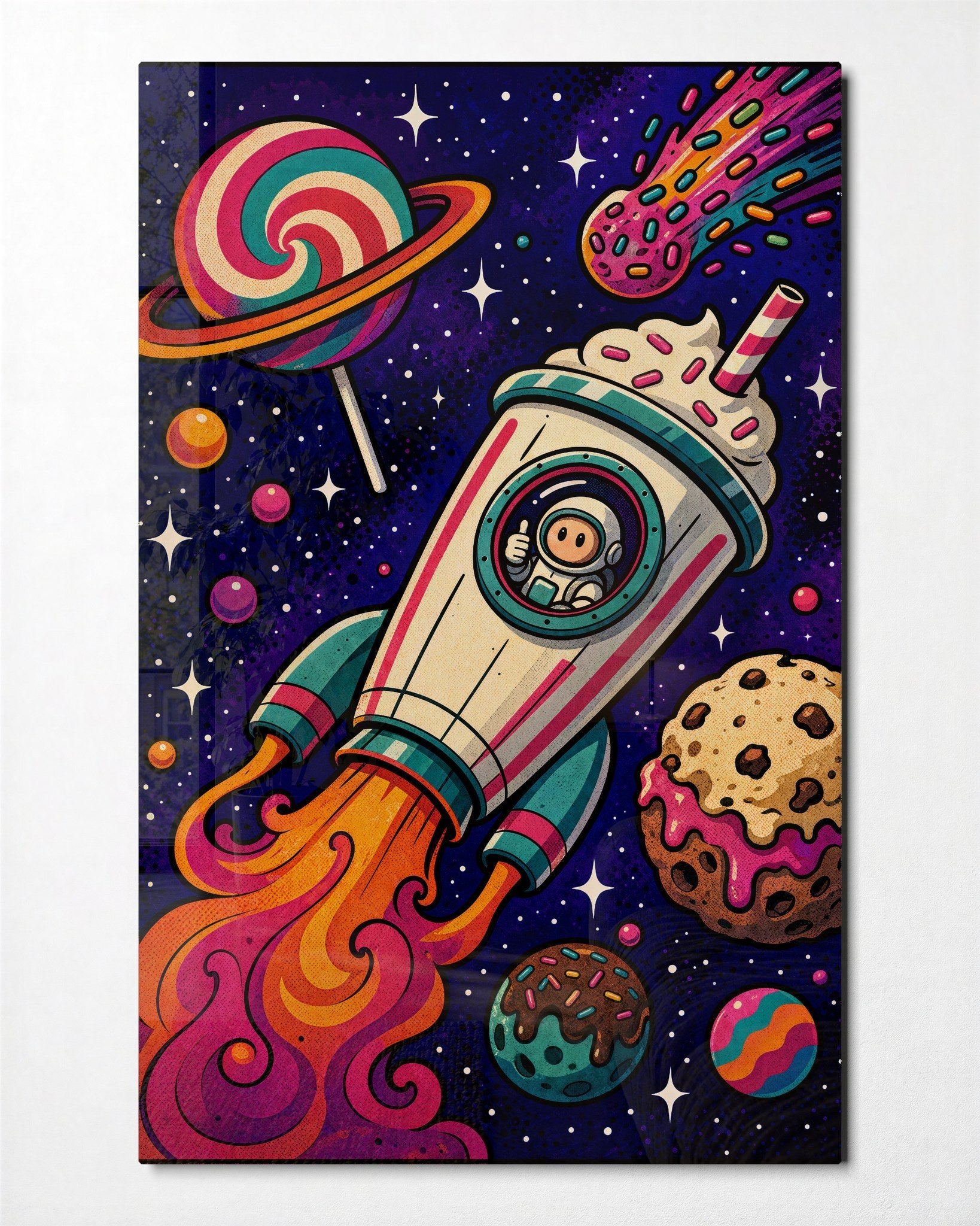 Glass wall art titled Candy Sky Voyage by Artdesigna featuring vibrant, colorful glass design with a celestial sky theme.