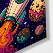 Colorful glass wall art featuring a sky voyage design by Artdesigna, with vibrant hues and intricate details on a transparent glass panel.