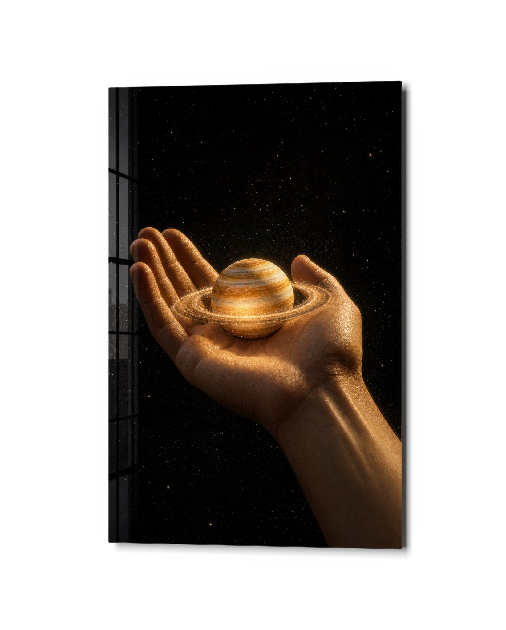 Glass wall art titled Saturn in the Palm by Artdesigna, featuring a detailed glass depiction of Saturn within a sleek frame.