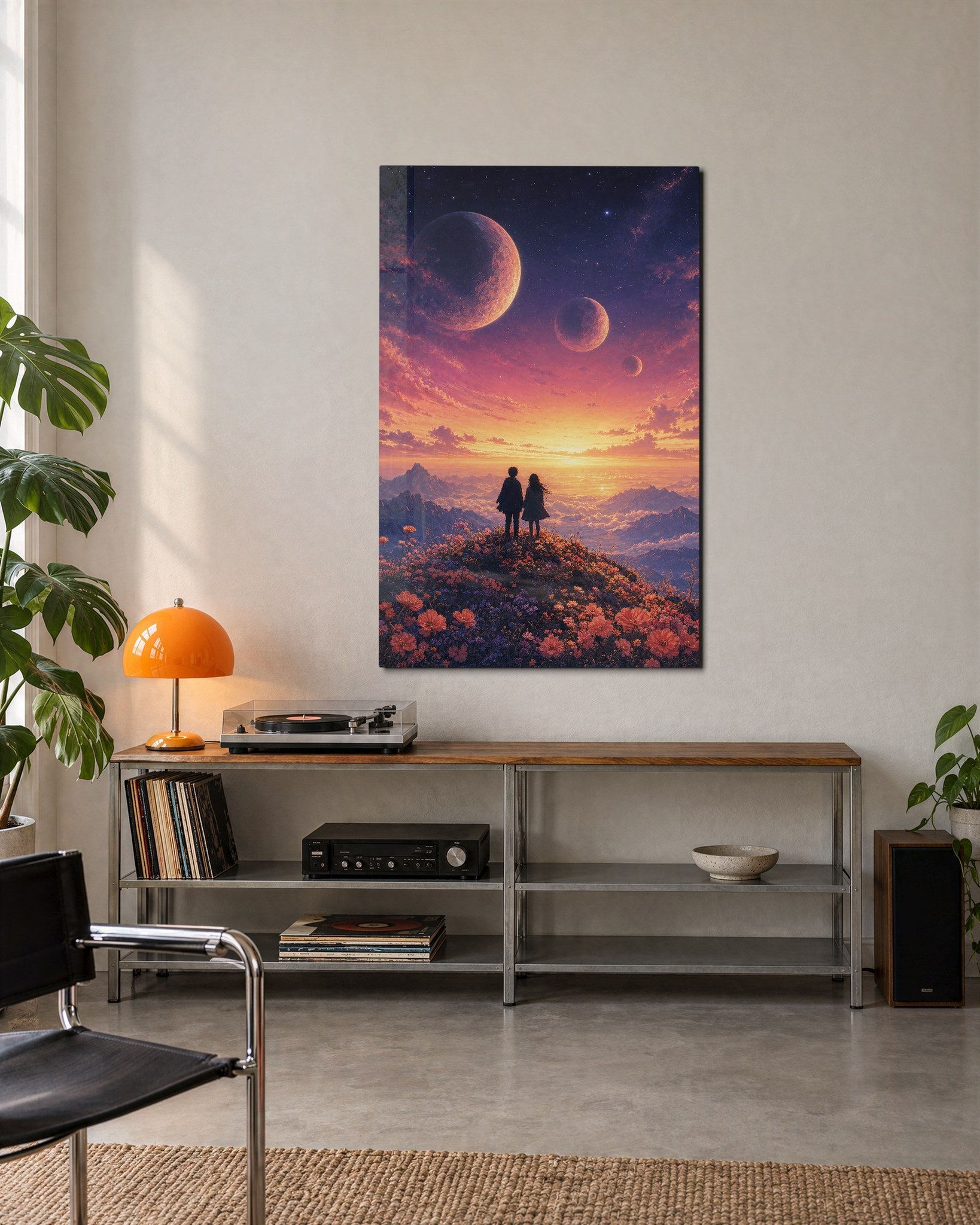 Elegant glass wall art panel from Artdesigna's Hilltop Pair collection, featuring a scenic mountain landscape design.