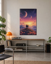 Elegant glass wall art panel from Artdesigna's Hilltop Pair collection, featuring a scenic mountain landscape design.