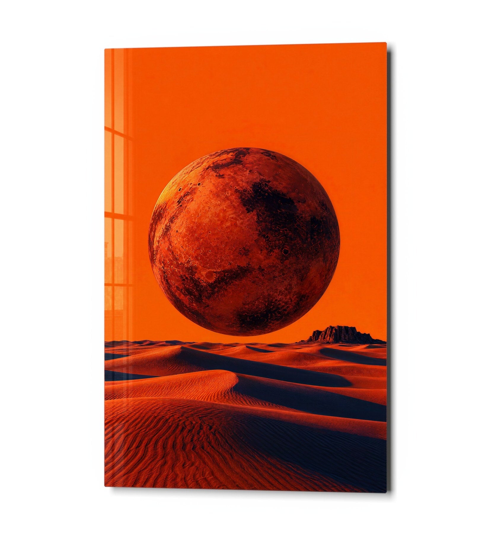 Glass wall art featuring a rust moon above sand scene by Artdesigna, showcasing artistic glass craftsmanship on a wall display.