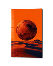 Glass wall art featuring a rust moon above sand scene by Artdesigna, showcasing artistic glass craftsmanship on a wall display.