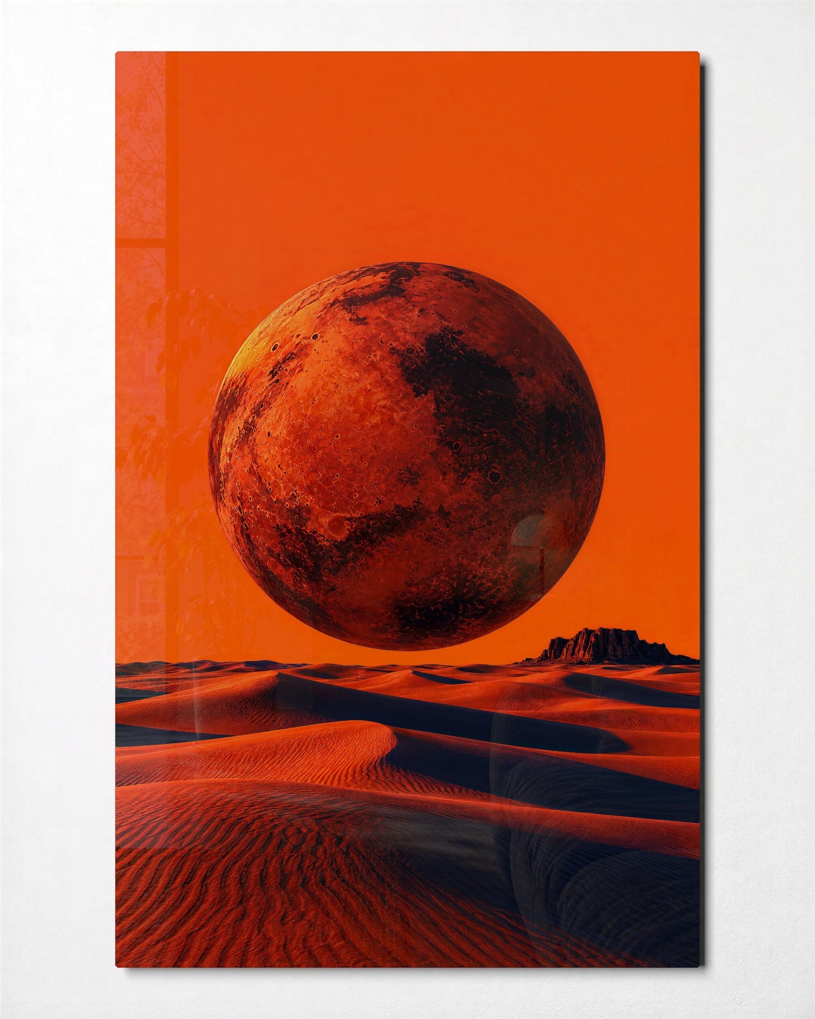 Glass wall art featuring a rust moon above sand scene by Artdesigna, showcasing vibrant colors and intricate design.