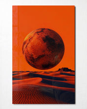 Glass wall art featuring a rust moon above sand scene by Artdesigna, showcasing vibrant colors and intricate design.